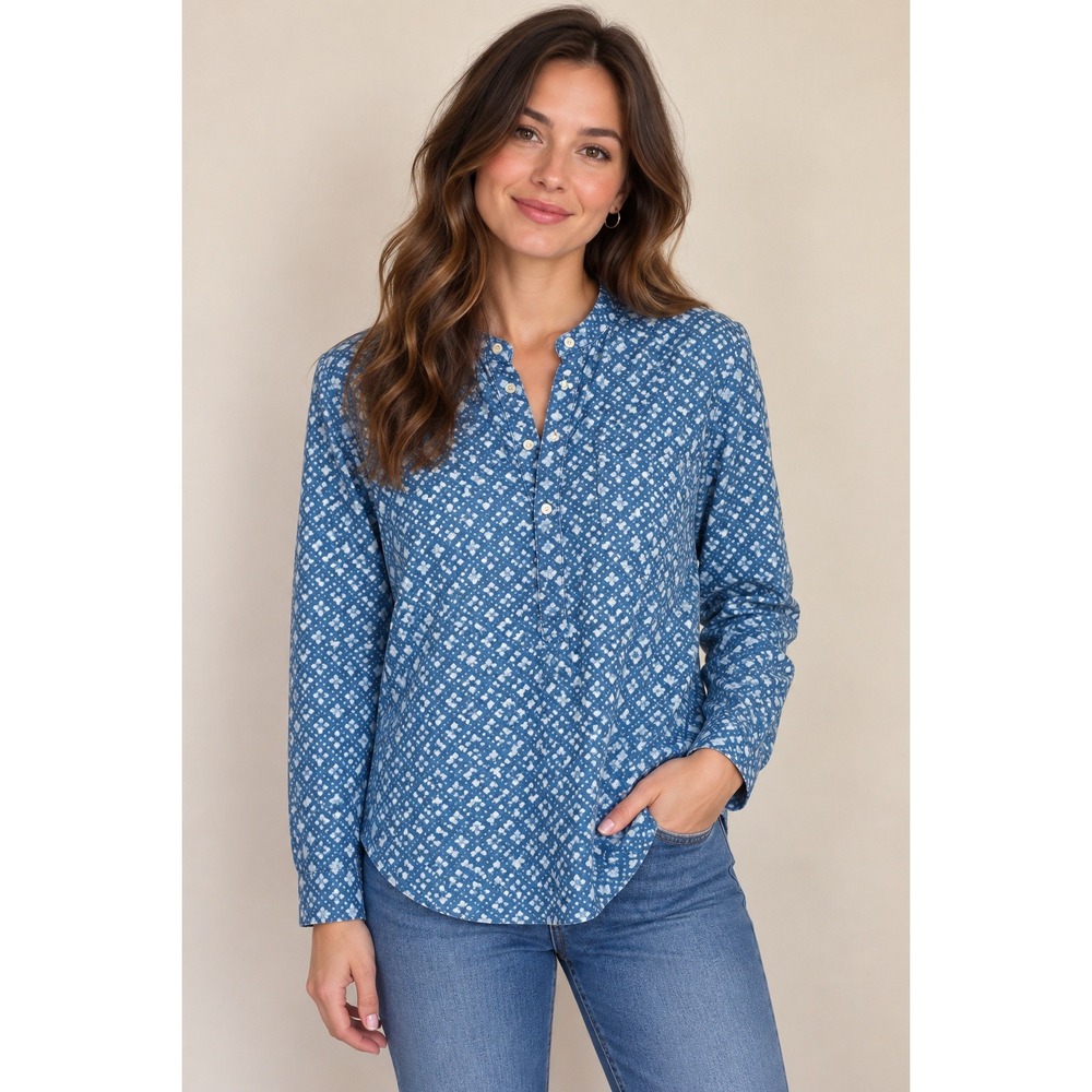 Madewell Pullover Shirt Womens M Blue Indigo Geometric Band Collar Cotton Henley